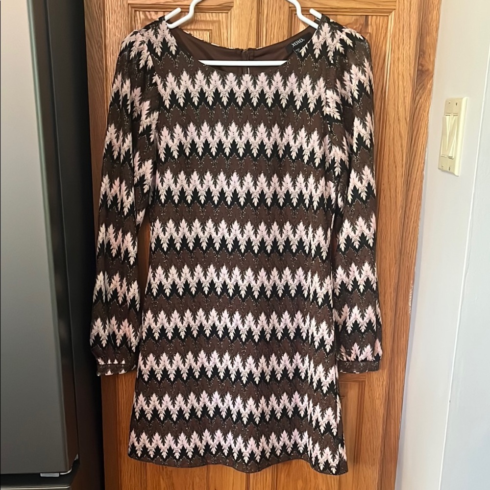 XOXO Brown, Black, and Pink Patterned Dress Medium
